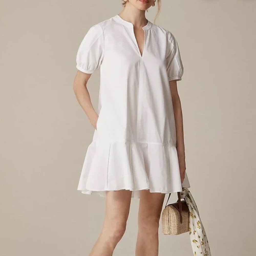 J.Crew White Cotton Poplin Puff Sleeve Pleated Ruffle Mini Dress Split Neck 2X